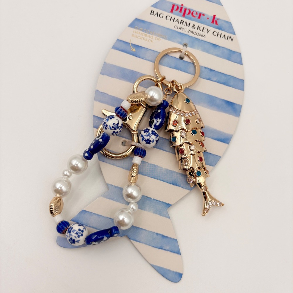 Piper k Gold Articulated Fish Bag Charm Key Chain Cubic Zirconia Blue White Bead